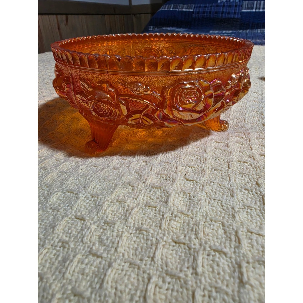 Vintage Marigold Carnival Glass Footed Bowl Rose Pattern Iridescent Orange 7.5"